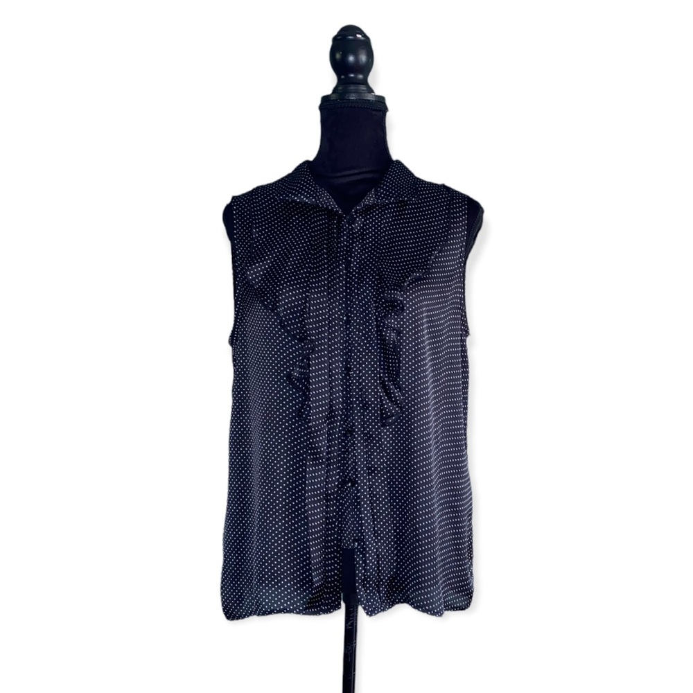 Black polka dot silky ruffle button down sleeveless dress top